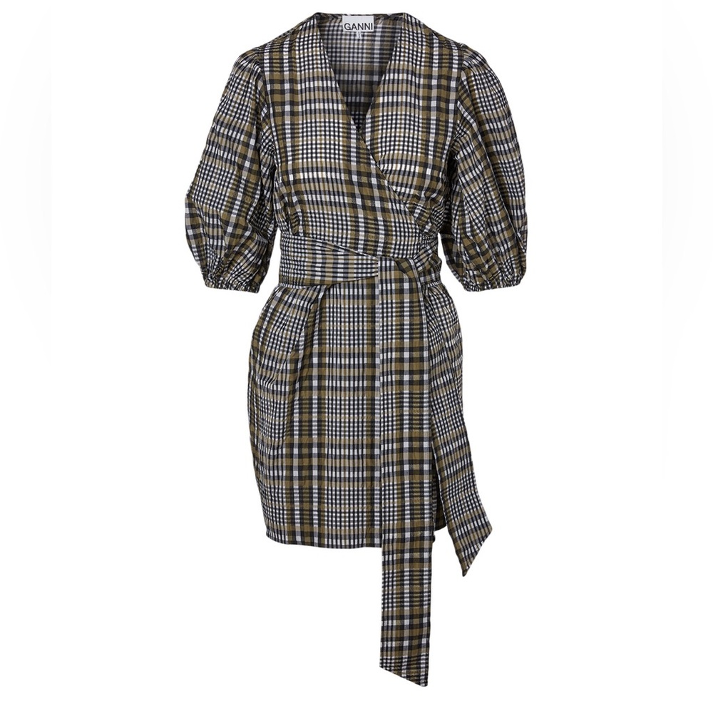 GANNI Seersucker Wrap Mini Dress